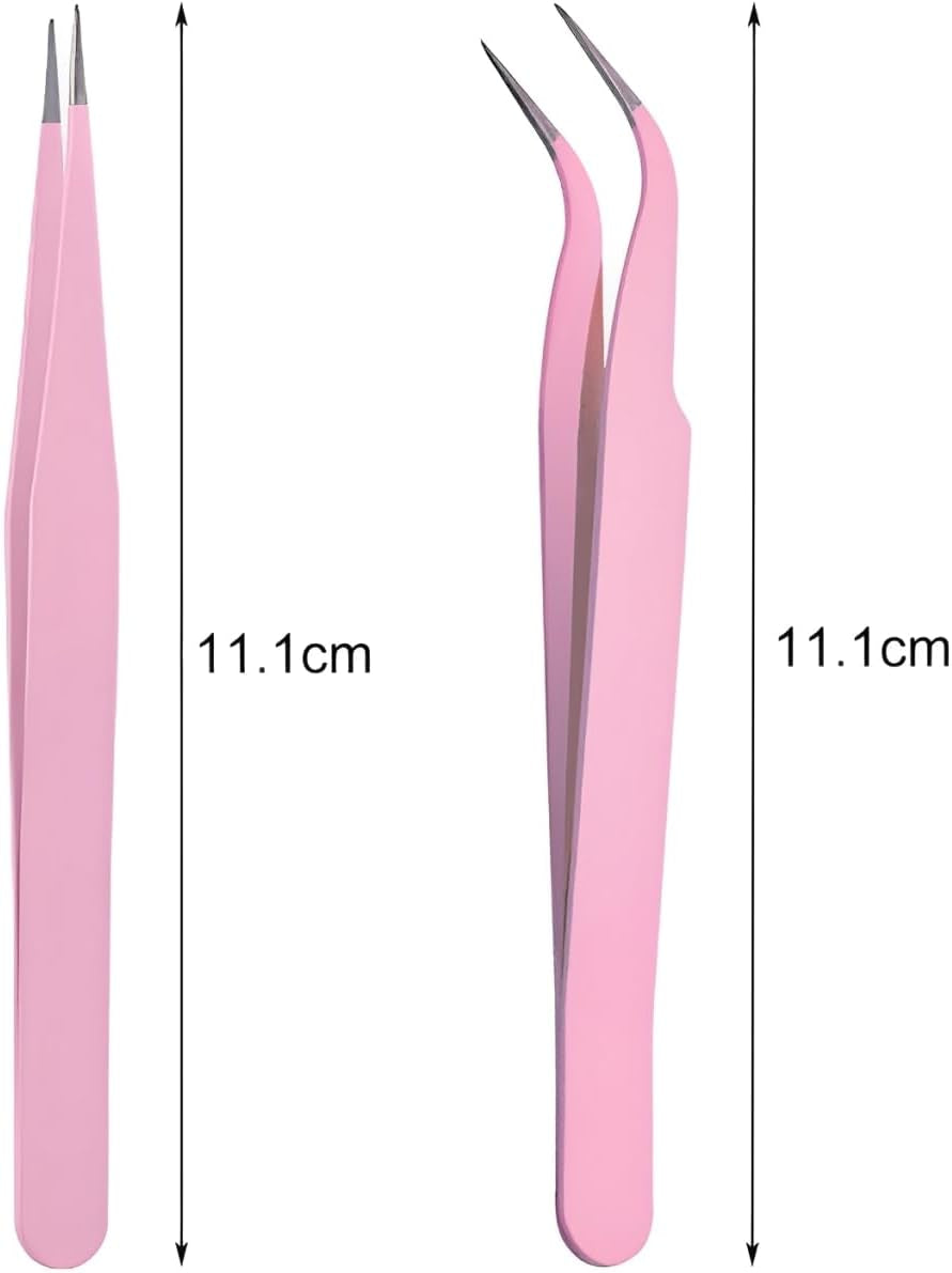 Stainless Steel Eyelash Extension Tweezers, 2PCS PINK