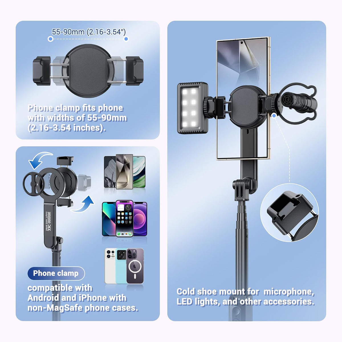 Magnetic Selfie Stick & Mini Tripod- Extendable Phone Tripod with 180° Roating Phone Holder for iPhone & Android BLACK