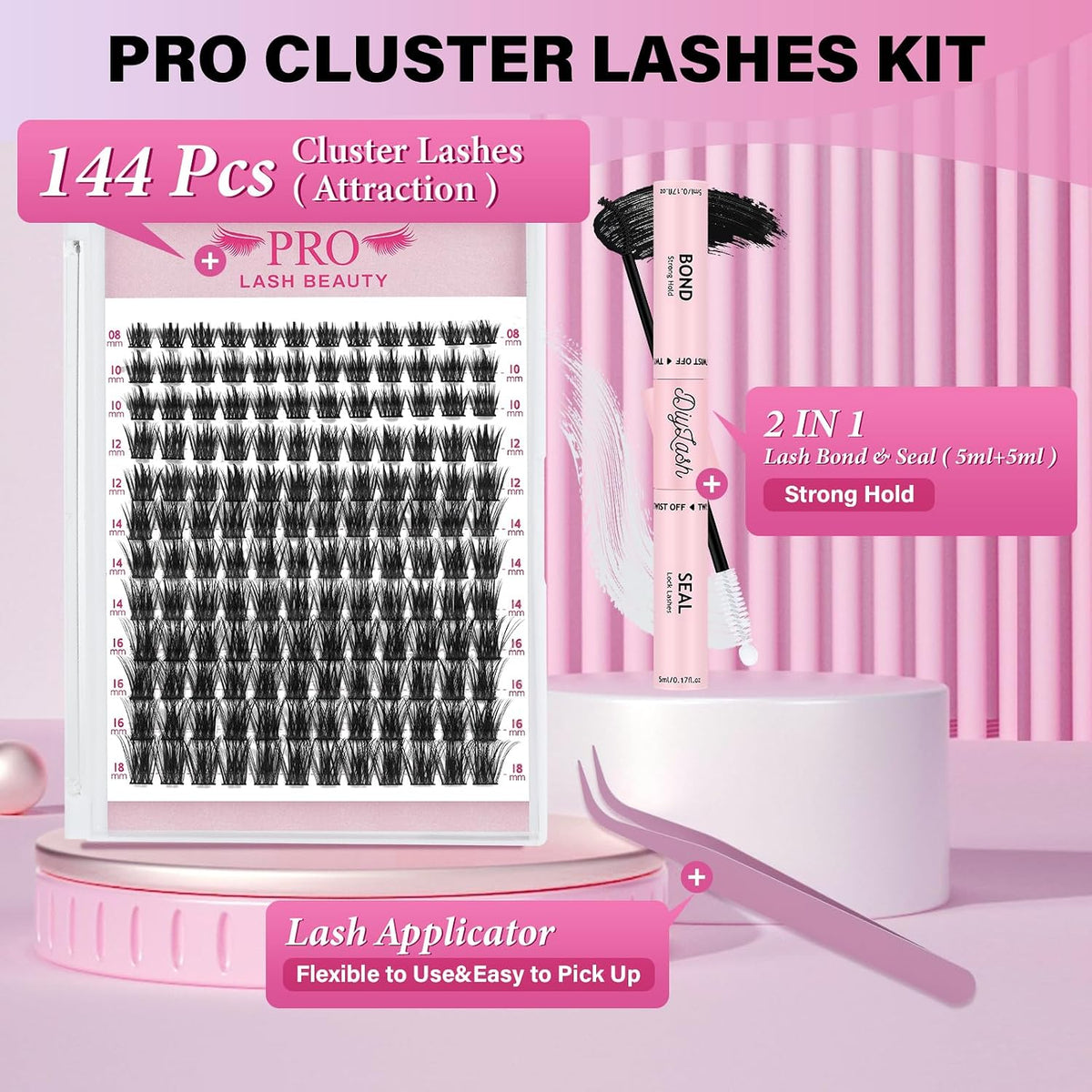 Lash Clusters Kit with 144 Pcs Individual Lashes  Bond and Seal Lash Remover