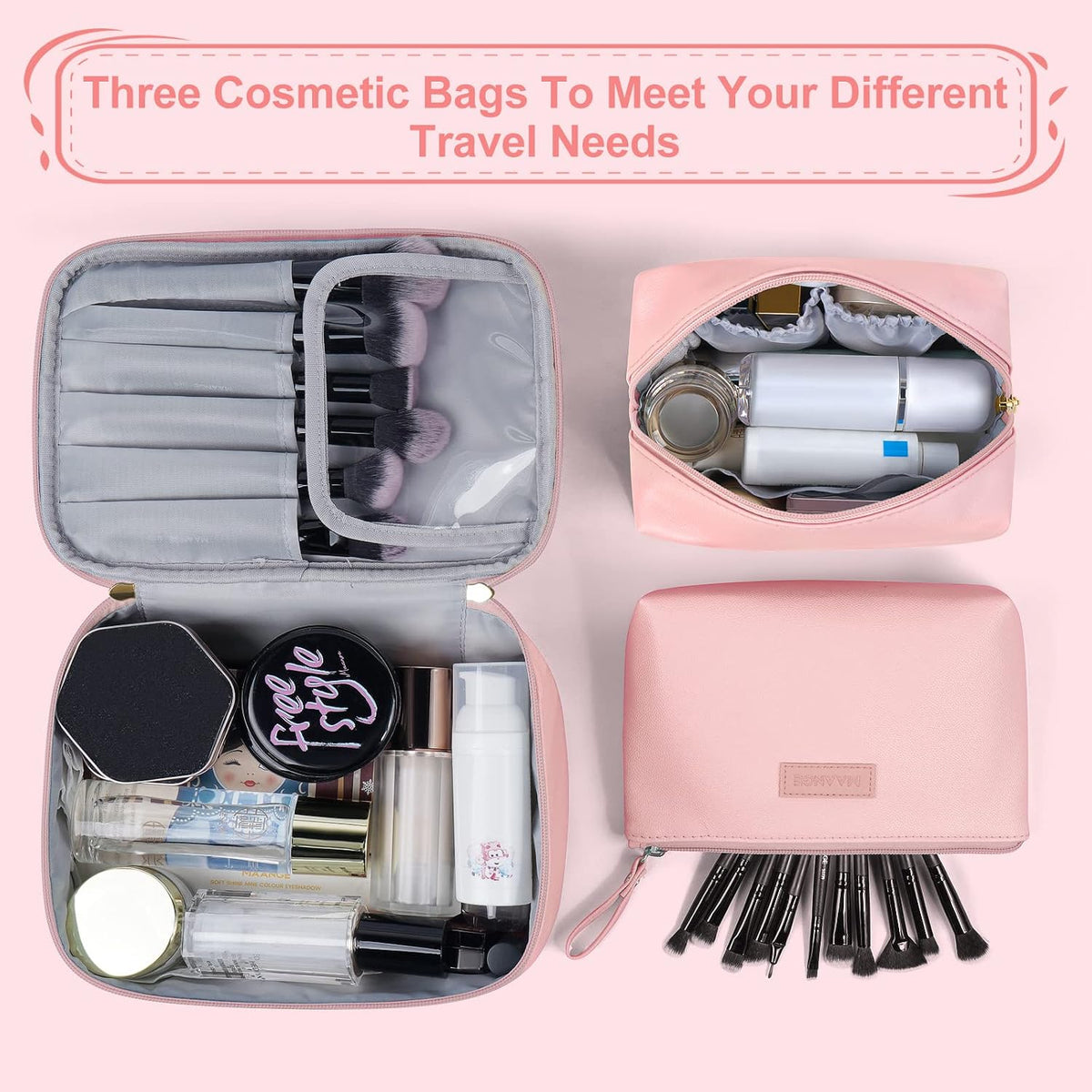 Pink Leather Travel Makeup Bag