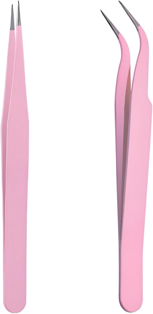 Stainless Steel Eyelash Extension Tweezers, 2PCS PINK