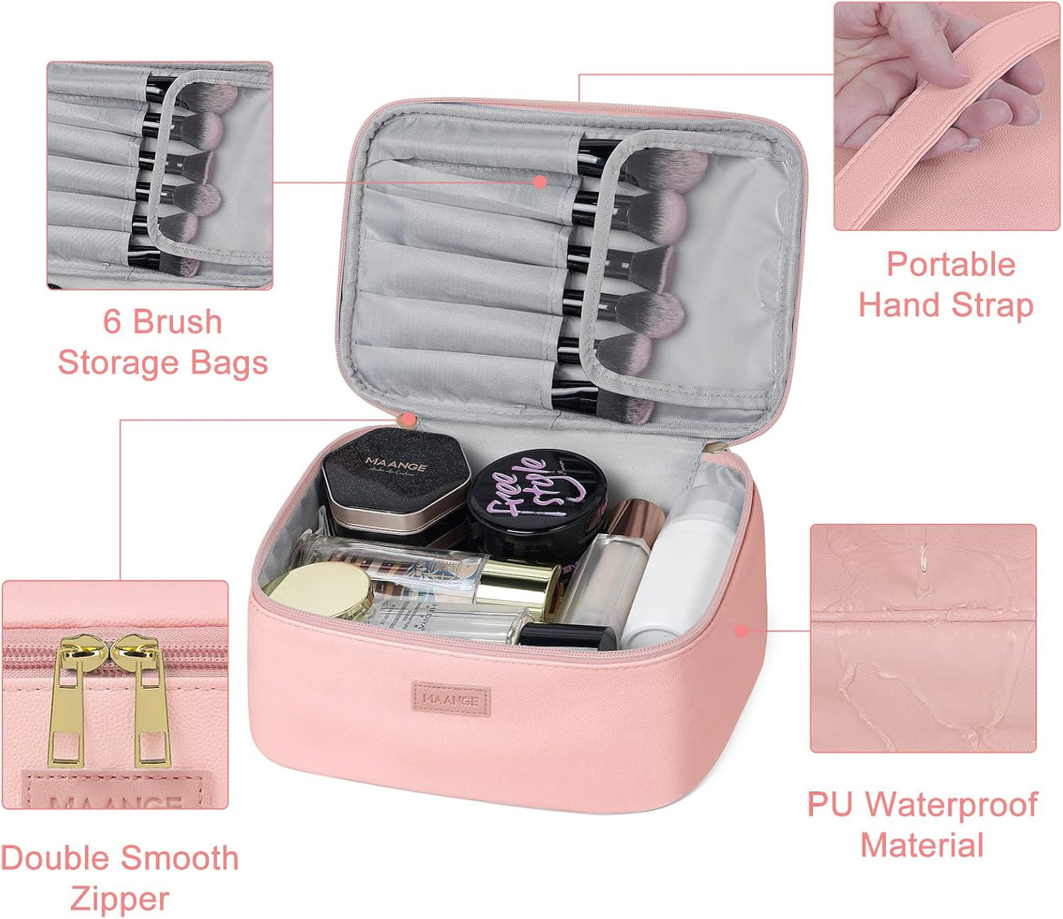 Pink Leather Travel Makeup Bag