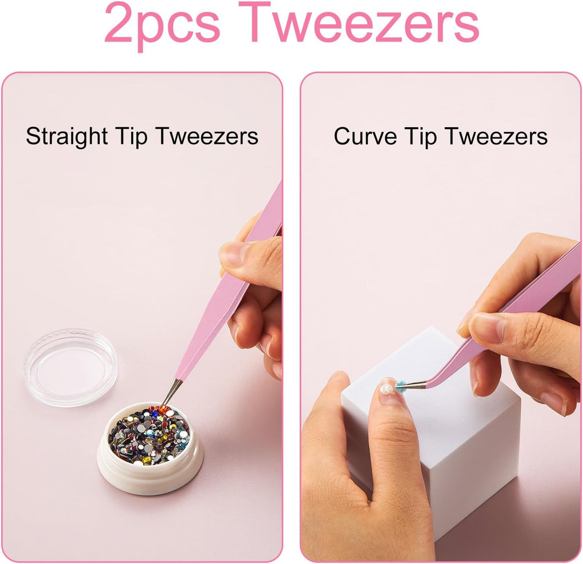 Stainless Steel Eyelash Extension Tweezers, 2PCS PINK