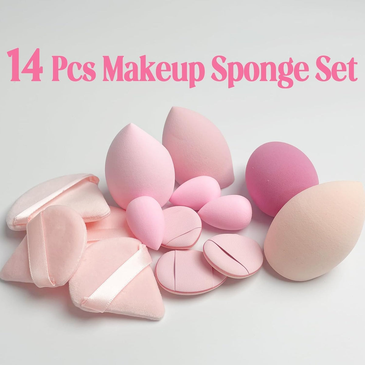 Pink Multi Coloured 14Pcs Makeup Sponges Sets