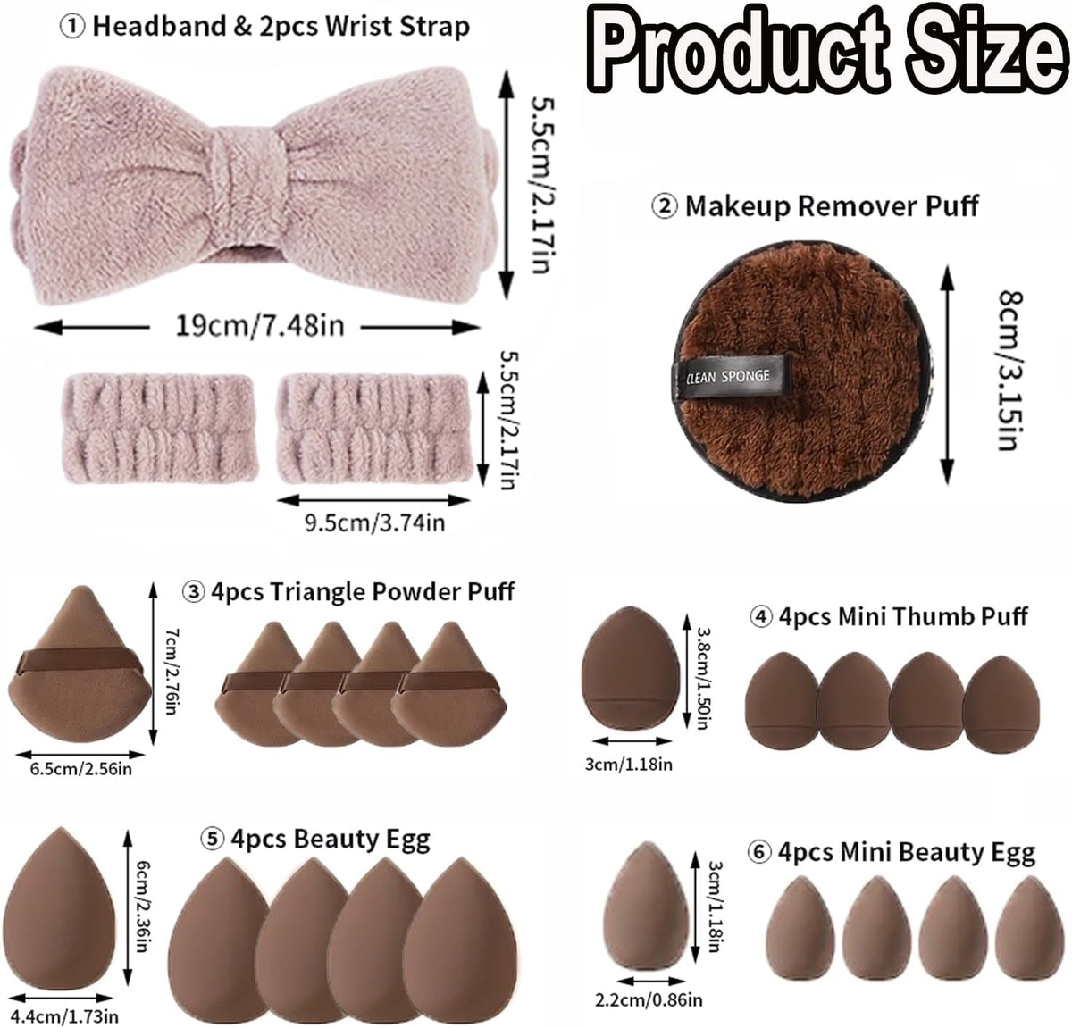 Brown Powder Puff and Makeup Sponges Set With A Fluffy Headband & Absorbent Wristband
