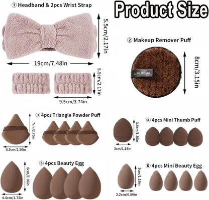 Brown Powder Puff and Makeup Sponges Set With A Fluffy Headband & Absorbent Wristband