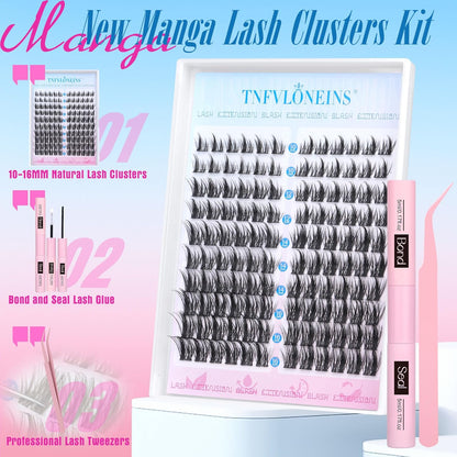 Natural Manga Wispy Lash Clusters Kit  with Bond and Seal and Tweezers