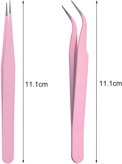 Stainless Steel Eyelash Extension Tweezers, 2PCS PINK