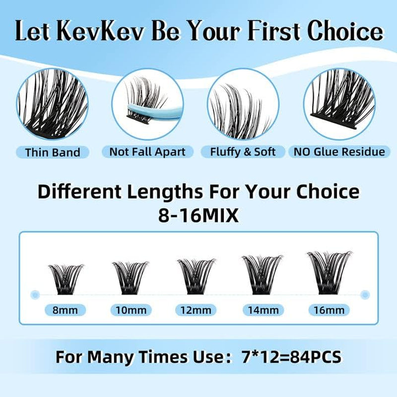 Kev Kev Lash Extension Kit - 84 Pcs Cluster Lashes with Lash Bond, Seal, Glue Remover.