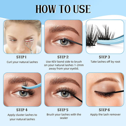 Kev Kev Lash Extension Kit - 84 Pcs Cluster Lashes with Lash Bond, Seal, Glue Remover.
