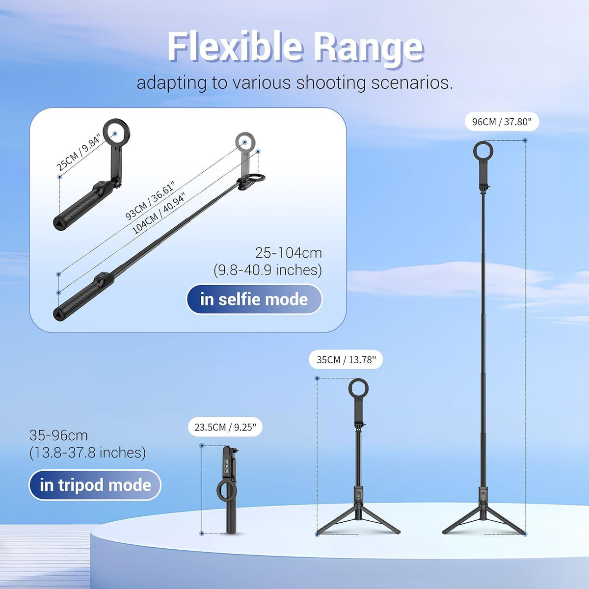 Magnetic Selfie Stick & Mini Tripod- Extendable Phone Tripod with 180° Roating Phone Holder for iPhone & Android BLACK