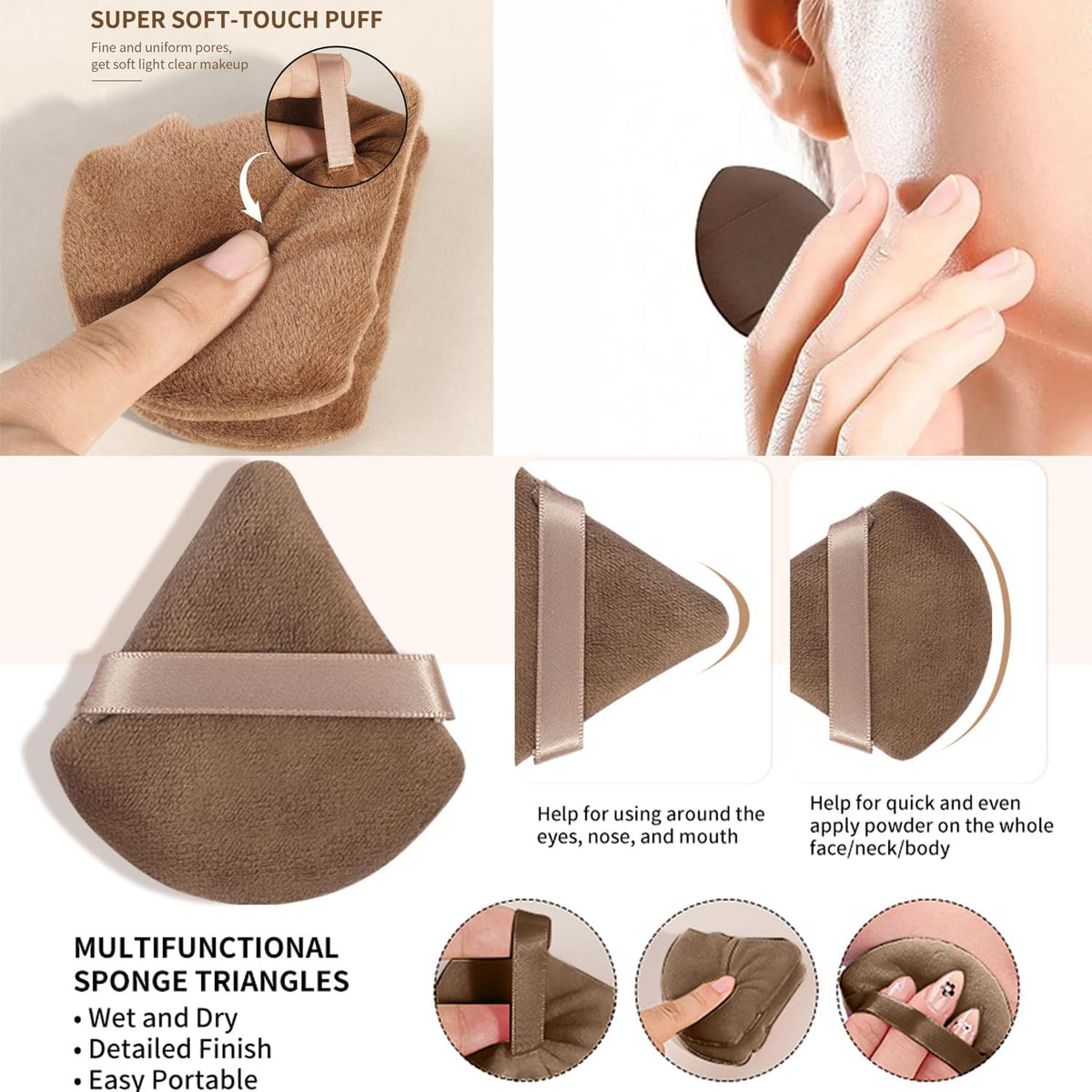 Brown Powder Puff and Makeup Sponges Set With A Fluffy Headband & Absorbent Wristband