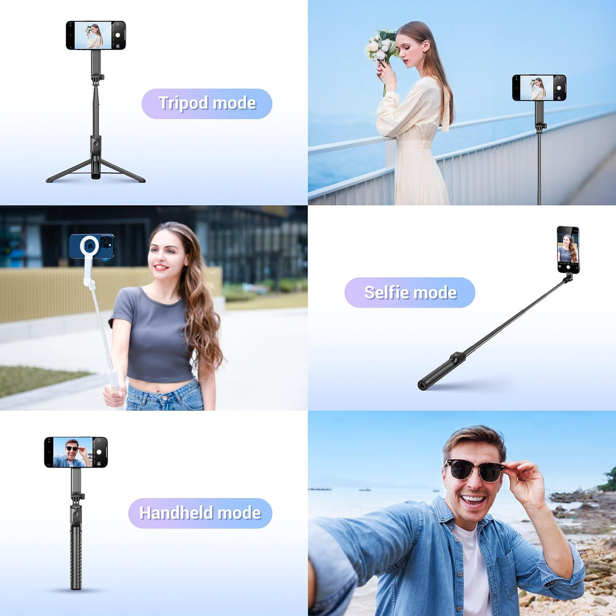 Magnetic Selfie Stick & Mini Tripod- Extendable Phone Tripod with 180° Roating Phone Holder for iPhone & Android BLACK