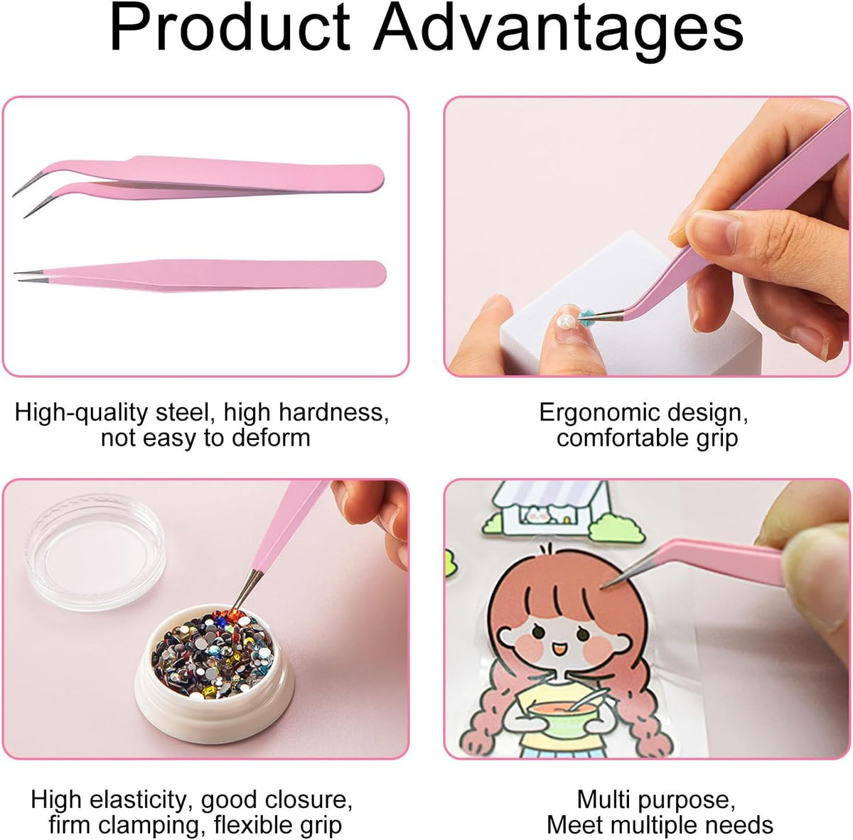 Stainless Steel Eyelash Extension Tweezers, 2PCS PINK
