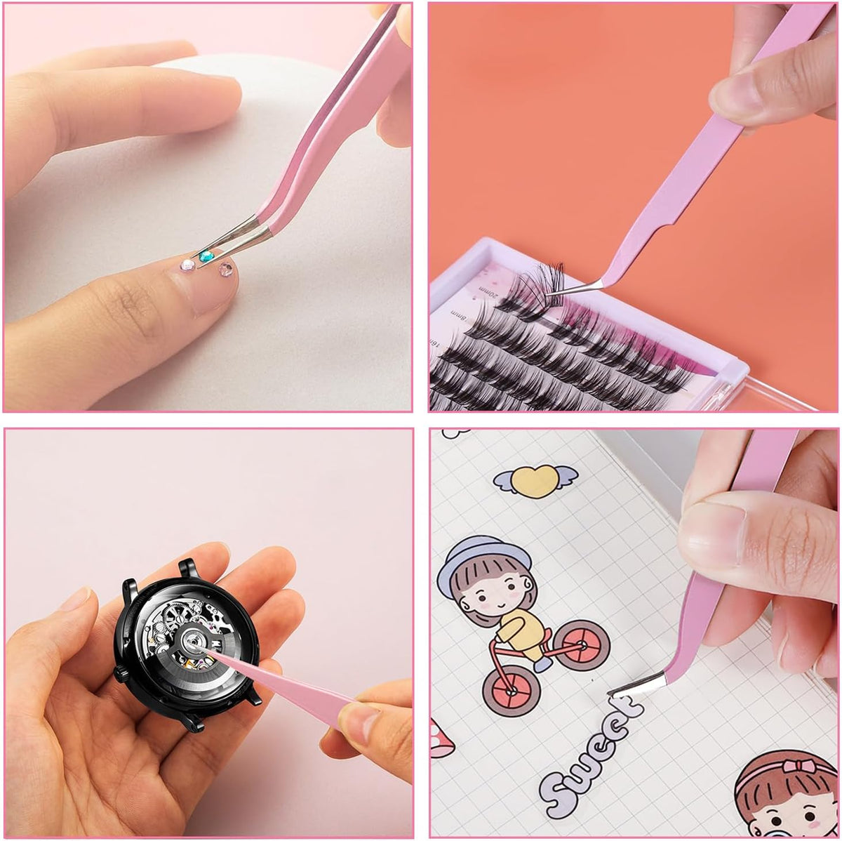 Stainless Steel Eyelash Extension Tweezers, 2PCS PINK
