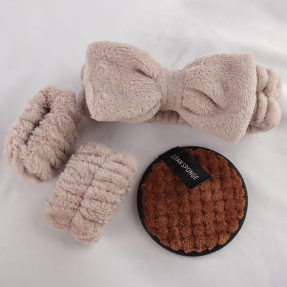 Brown Powder Puff and Makeup Sponges Set With A Fluffy Headband & Absorbent Wristband