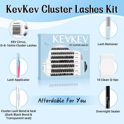 Kev Kev Lash Extension Kit - 84 Pcs Cluster Lashes with Lash Bond, Seal, Glue Remover.