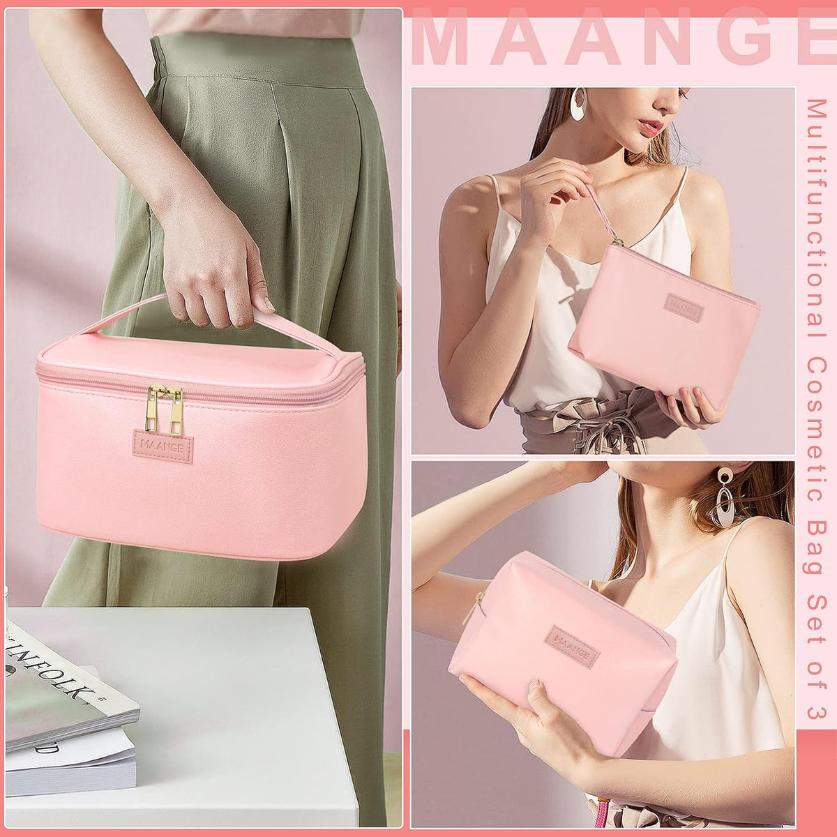 Pink Leather Travel Makeup Bag