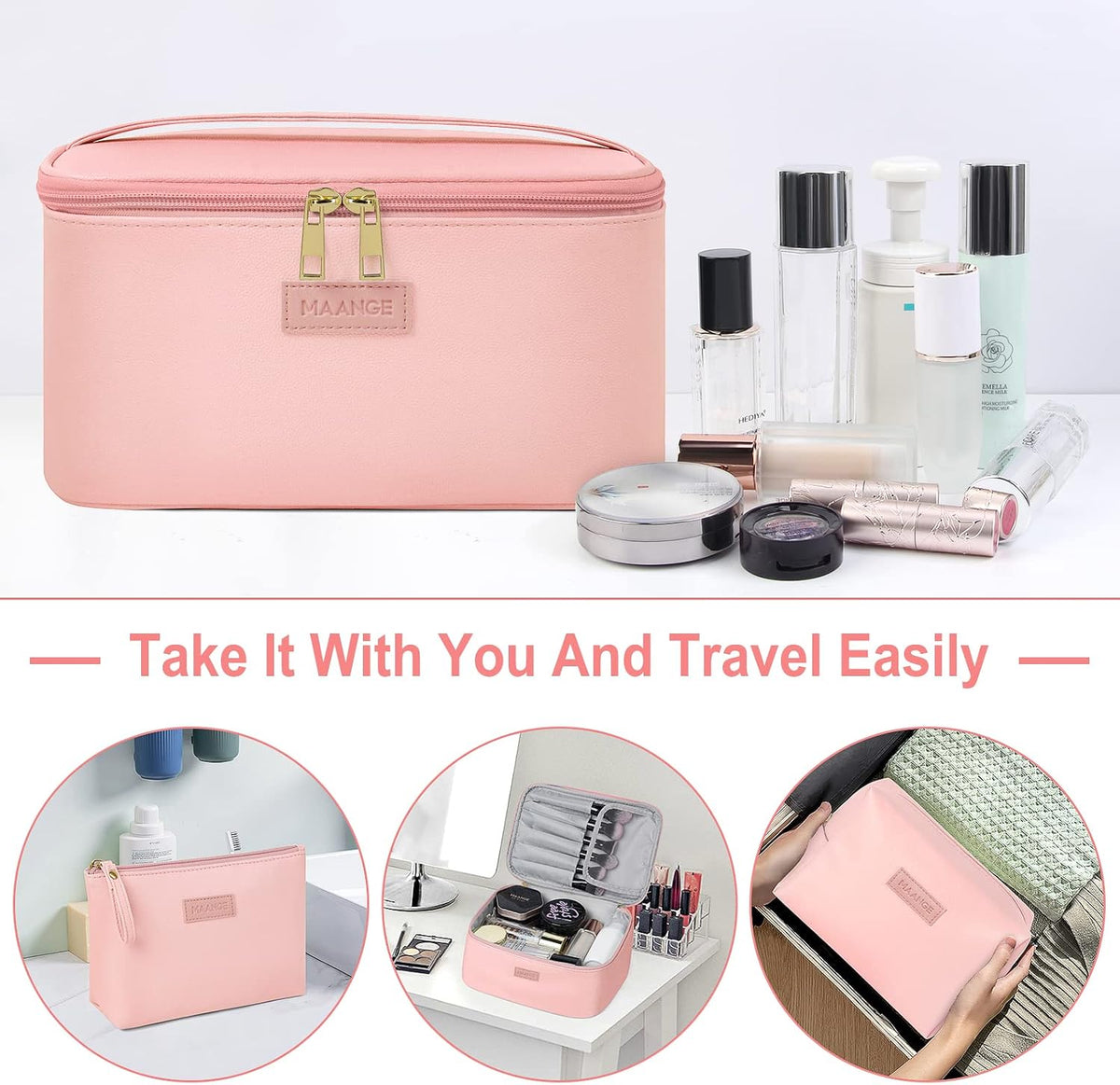 Pink Leather Travel Makeup Bag