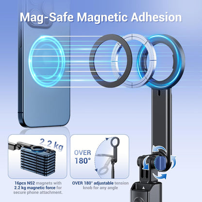 Magnetic Selfie Stick & Mini Tripod- Extendable Phone Tripod with 180° Roating Phone Holder for iPhone & Android BLACK