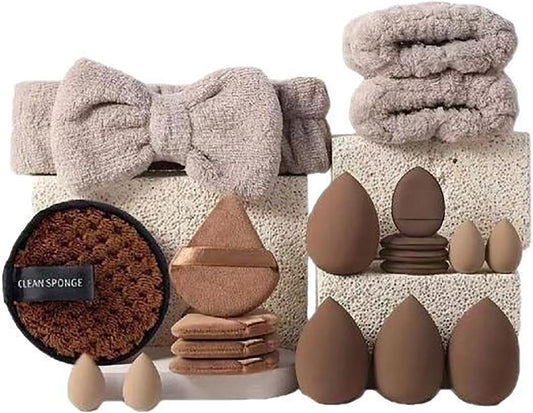 Brown Powder Puff and Makeup Sponges Set With A Fluffy Headband & Absorbent Wristband