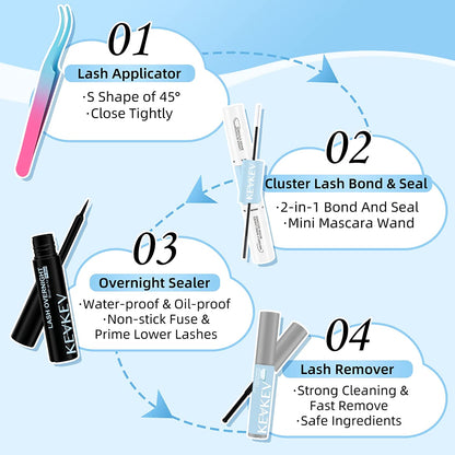 Kev Kev Lash Extension Kit - 84 Pcs Cluster Lashes with Lash Bond, Seal, Glue Remover.